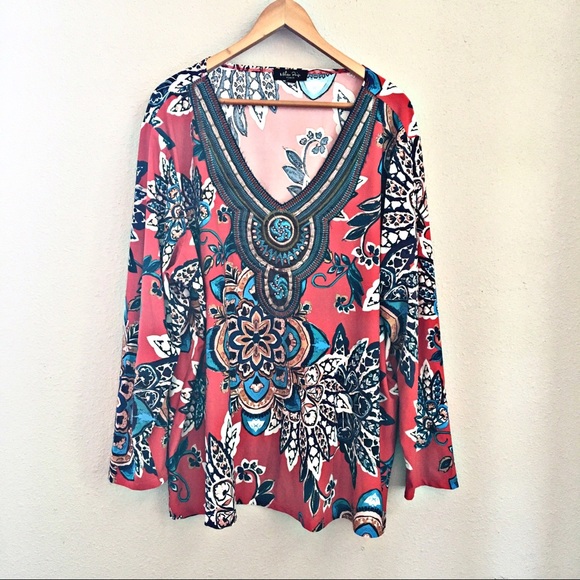 Melissa Paige Tops - Melissa Paige Embellished Floral Print Blouse 3X